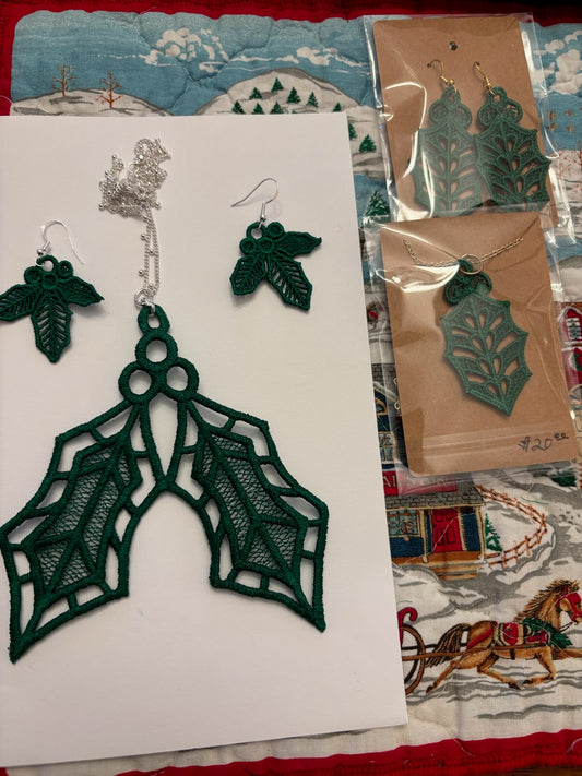 Earrings & Neclace Set - Handcrafted Lace Holly Leaf