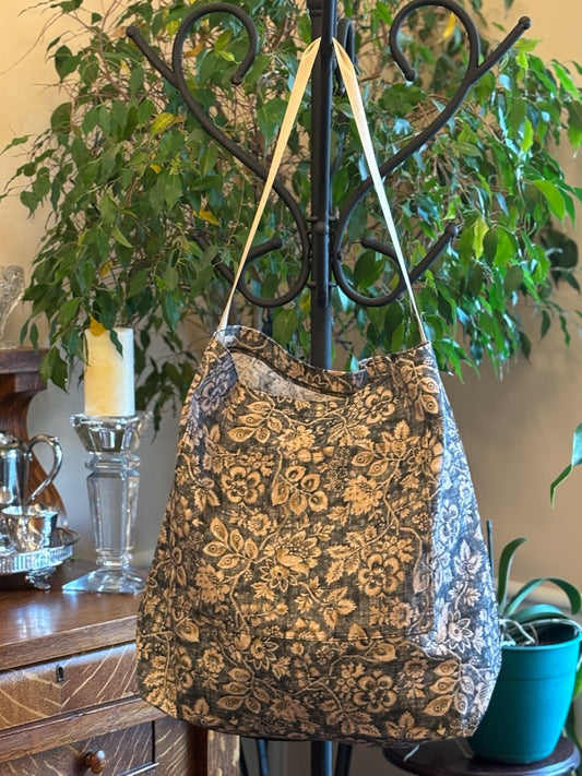 Tote Bag - Black and Tan Flower Large