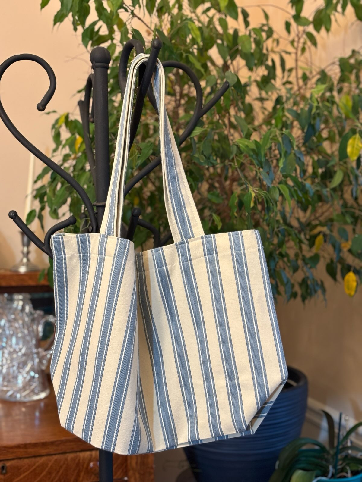 Tote Bags - Blue White Striped Set