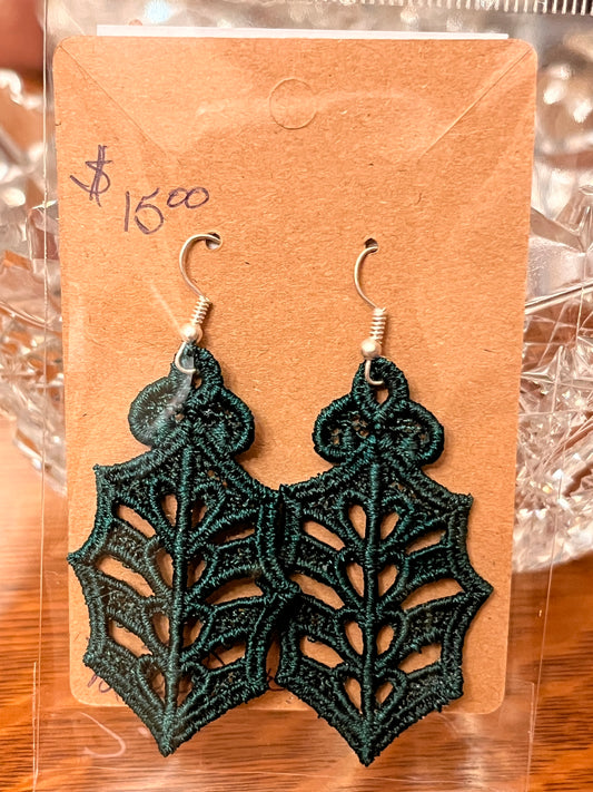 Earrings - Handcrafted Lace Christmas Leaf Dark Green