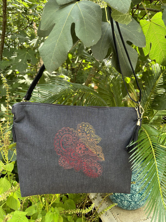 Handbag - Black Denim with a Bold Henna Design