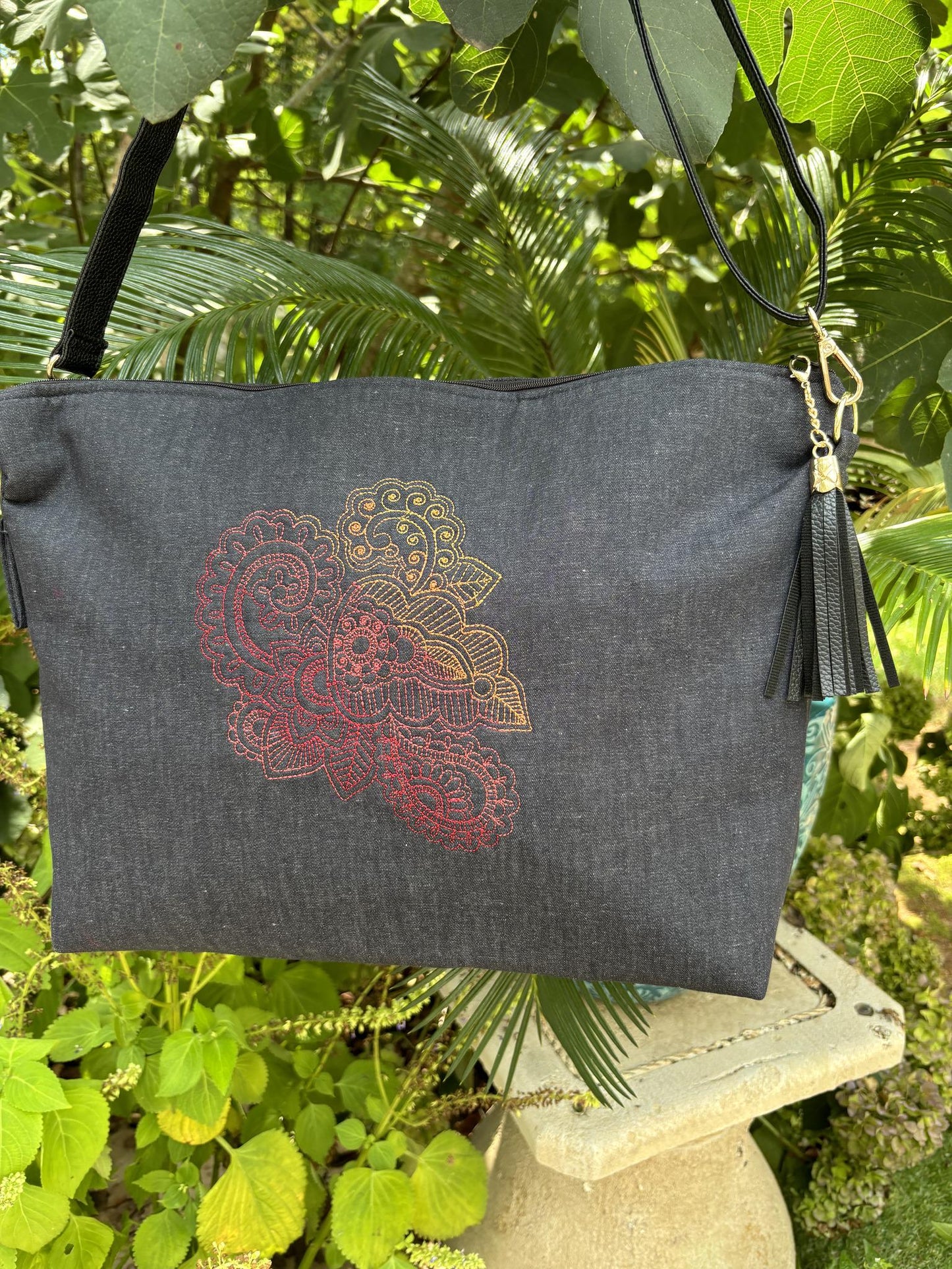 Handbag - Black Denim with a Bold Henna Design