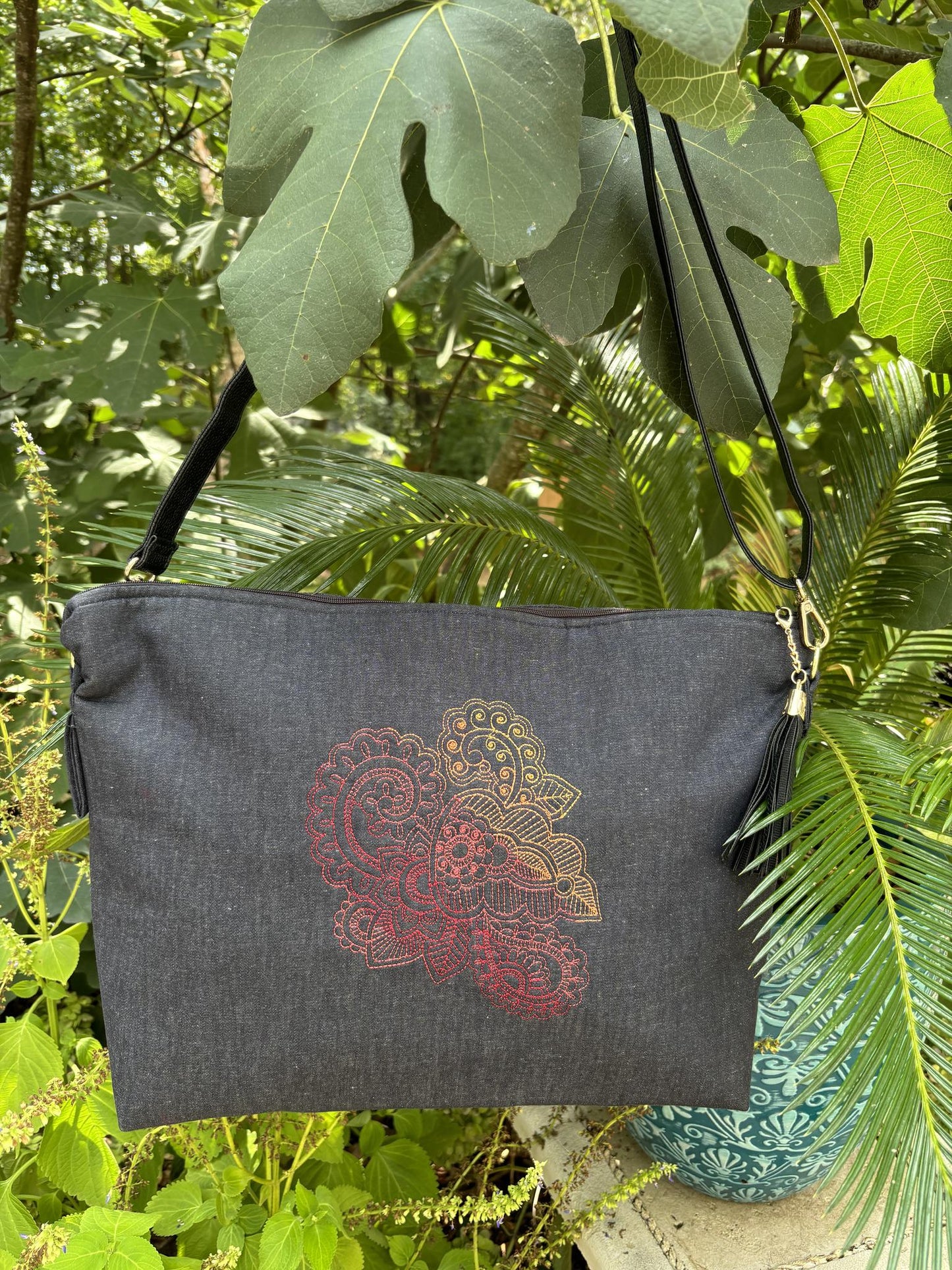 Handbag - Black Denim with a Bold Henna Design