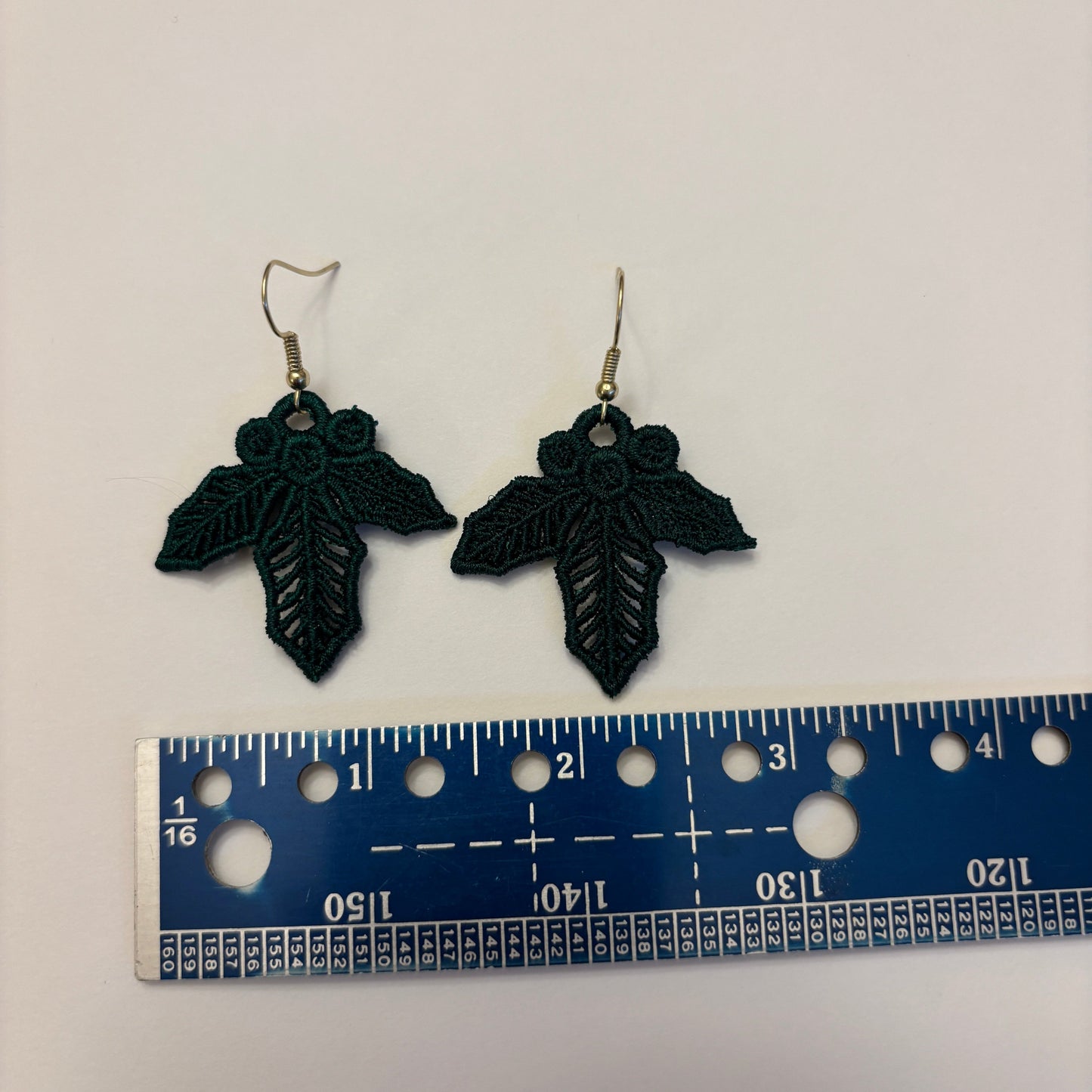 Earrings - Handcrafted Lace Holly Leaf Dark Green